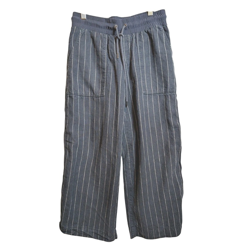 Athleta Linen Pinstripe Wide Leg Pants Navy Blue Sz 2 Drawstring Trousers